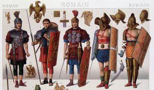 Római gladiátor jelmezek és harcosok. 19. századi kromolitográfia. alkotó: Unknown artist