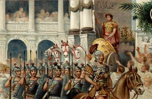 Római politikai rendszer. A császár: Defile Augustus (Octavianus vagy Octavianus) római császár Actiumban, Pannóniában és Egyiptomban aratott győzelmei tiszteletére. A 19. század végének kromolitográfiája. alkotó: Unknown artist