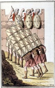 Római katonák (római légió) manővereznek és pajzsaikkal védekeznek. század elejéről származó metszet alkotó: Unknown artist