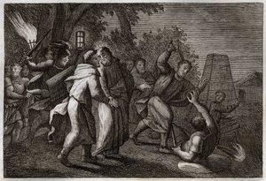 Royaumont Biblia, Újszövetség: Jézus Krisztus letartóztatása vagy Júdás csókja. A katonák azért jönnek, hogy letartóztassák Krisztust az Olajfák kertjébe. Szent Péter levágja egyikük fülét. Illusztráció 1811-ből. alkotó: Unknown artist