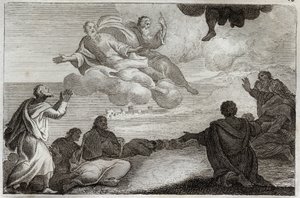 Royaumont Biblia, Újszövetség: Jézus Krisztus mennybemenetele. Krisztust elveszik a mennyből, és megáldják az apotereket, mielőtt eltűnnek a felhőben. Illusztráció 1811-ből. alkotó: Unknown artist