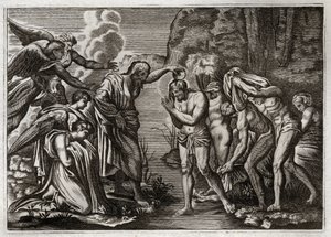Royaumont Biblia, Újszövetség: Jézus Krisztus keresztelése. Keresztelő Szent János megkereszteli Jézus Krisztust a Jordán folyó vizében. Illusztráció 1811-ből. alkotó: Unknown artist