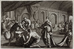 Royaumont Biblia, Újszövetség: Menyasszonyi ruha. Példabeszéd egy királyról, aki fia esküvőjét rendezte, ahonnan visszautasított egy férfit, akinek nem volt menyasszonyi ruhája. Illusztráció 1811-ből. alkotó: Unknown artist
