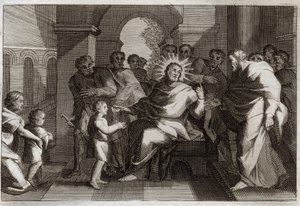 Royaumont Biblia, Újszövetség: Az alázat gyermekmodellje. Jézus Krisztus egy gyermeket ajánl a tanítványainak, mint az alázatos keresztény példaképét. Illusztráció 1811-ből. alkotó: Unknown artist