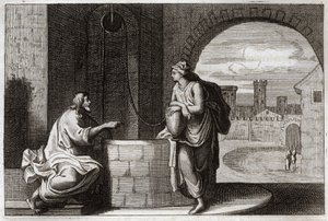 Royaumont Biblia, Újszövetség: Krisztus és szamaritánus a kútnál. Jézus Krisztus megtérít egy szamaritánus asszonyt. Illusztráció 1811-ből. alkotó: Unknown artist
