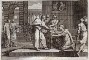 Royaumont Biblia, Újszövetség: Cornelius keresztel. Varjú a százados elfogadja Jézus Krisztus hitét, és Szent Péter megkeresztelkedik. Illusztráció 1811-ből. alkotó: Unknown artist