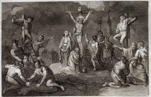 Royaumont Biblia, Újszövetség: Jézus Krisztus keresztre feszítése. Szűz Mária, Szent Mária Magdolna és Szent János a kereszt lábánál, Százados Szent Longin (Szent Longinus) lándzsájával, Krisztus tunikáját játszó katonák. Az oldalakon repr alkotó: Unknown artist