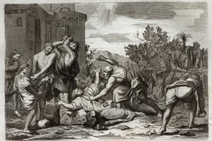 Royaumont Biblia, Újszövetség: Szent István első keresztény vértanú halála megkövezéssel. Illusztráció 1811-ből. alkotó: Unknown artist
