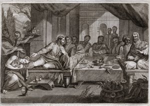 Royaumont Biblia, Újszövetség: Vacsora Simon farizeusnál. Mária Magdolna elment Jézus Krisztus lábaihoz sírni Simon farizeushoz, és elnyerte bűneinek bocsánatát. Kenőccsel megkeni Krisztus lábát, és megtörli a hajával. Il alkotó: Unknown artist