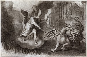 Royaumont Biblia, Újszövetség: Sárkányláncok. A Jelenések sárkányát, az ördög szimbólumát egy angyal láncolja, aki kezében van az ördög kulcsa. Illusztráció 1811-ből. alkotó: Unknown artist