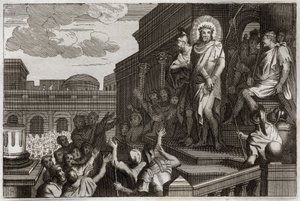 Royaumont Biblia, Újszövetség: Ecce homo. Poncius Pilátus (Pontius Pilatus) tövisekkel ajándékozza meg Jézus Krisztust a tömegnek, mondván: „Itt az ember”. Illusztráció 1811-ből. alkotó: Unknown artist
