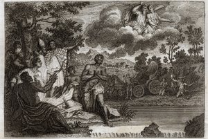 Royaumont Biblia, Újszövetség: Eunuch keresztel. Szent Fülöp diakónus hitet hirdet Etiópia királynőjének eunuchjának, és megkereszteli. Illusztráció 1811-ből. alkotó: Unknown artist