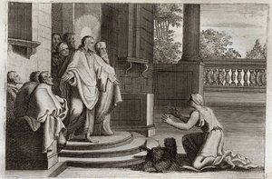 Royaumont Biblia, Újszövetség: Jézus Krisztus és Kánaán felesége (Kánán vagy az idegen nő). Egy paraszt az Úr segítségét kéri, hogy meggyógyítsa lányát. Krisztus így válaszolt neki: „Csak Izrael házának elveszett bárányaihoz küldtem.” Illusztráció innen alkotó: Unknown artist