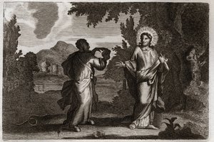 Royaumont Biblia, Újszövetség: Jézus Krisztus a sivatagban. Jézust a sivatagba kergetik. Fiatal negyven nap és negyven éjszaka. Megkísérti a démon, aki felkéri, hogy változtassa a köveket kenyérré. Illusztráció 1811-ből. alkotó: Unknown artist