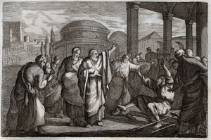 Royaumont Biblia, Újszövetség: Lame gueri. Szent Pál egy sánta harcos, és letartóztat egy népet, amely istenként akart áldozni neki. Illusztráció 1811-ből. alkotó: Unknown artist
