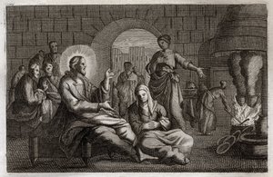 Royaumont Biblia, Újszövetség: Márta és Mária. Jézus Krisztus belép Márta házába, aki sietve fogadja őt, miközben nővére, Betániai Mária hallja szavát. Illusztráció 1811-ből. alkotó: Unknown artist