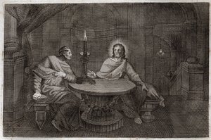 Royaumont Biblia, Újszövetség: Nikodéma éjszaka jön, hogy megkeresse Jézus Krisztust. Illusztráció 1811-ből. alkotó: Unknown artist