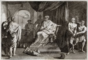 Royaumont Biblia, Újszövetség: Példabeszéd a tehetségekről. Egy úr megbünteti egyik szolgáját, aki elrejtette a pénzt, amit adott neki. Illusztráció 1811-ből. alkotó: Unknown artist