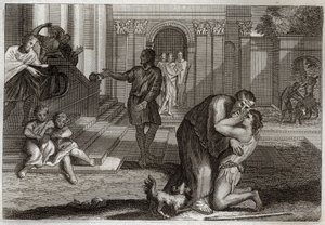 Royaumont Biblia, Újszövetség: Példabeszéd a tékozló gyermekről. A fiú hazatér, miután elment, és minden vagyonát elvesztette. Eljön, hogy bocsánatot kérjen az apjától. Illusztráció 1811-ből. alkotó: Unknown artist