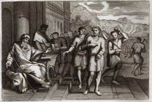 Royaumont Biblia, Újszövetség: Példabeszéd a szőlőmunkásokról vagy példázat a tizenegyedik óra munkásairól. Munkások, akiket a családapa küld a szőlőjébe dolgozni. Illusztráció 1811-ből. alkotó: Unknown artist