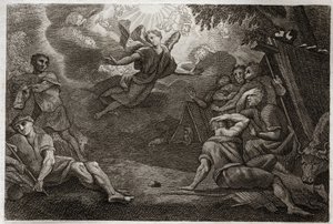 Royaumont Biblia, Újszövetség: Pásztorok a bölcsődében. Egy angyal hirdeti Jézus Krisztus születését a pásztoroknak (Angyali üdvözlet a pásztoroknak). Illusztráció 1811-ből. alkotó: Unknown artist
