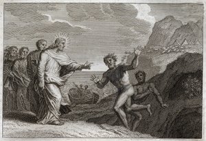 Royaumont Biblia, Újszövetség: Possede gueri. Jézus Krisztus meggyógyított egy possedét, akit a démon feldühített. Illusztráció 1811-ből. alkotó: Unknown artist