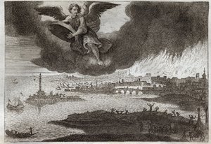 Royaumont Biblia, Újszövetség: Babilon romja. Babilon lángokban áll, egy angyal követ dob a tengerbe, jelképezve a város elpusztulását a Jelenések könyve alatt. Illusztráció 1811-ből. alkotó: Unknown artist