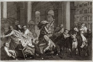 Royaumont Biblia, Újszövetség: Az eladók vadásznak a templomból. Jézus Krisztus elűzi a Templomból azokat, akik meggyalázták őt az ott folyó forgalom miatt. Illusztráció 1811-ből. alkotó: Unknown artist