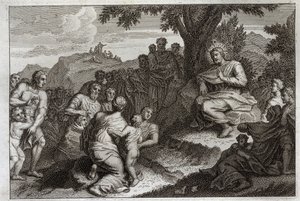 Royaumont Biblia, Újszövetség: Beszéd a hegyen. Jézus Krisztus tizenkét apotert választ tanítványai közül, és előttük és egy nagy nép előtt elmondja a beszédet, amelyet általában Hegyi beszédnek neveznek. Illusztráció 1811-ből. alkotó: Unknown artist