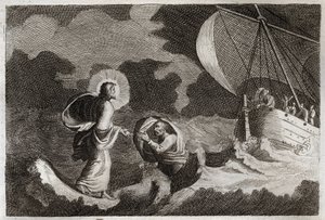 Royaumont Biblia, Újszövetség: Szent Péter a vízen jár. Jézus Krisztus a tengeren jár, és arra készteti Szent Pétert. Illusztráció 1811-ből. alkotó: Unknown artist