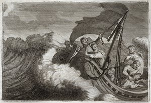 Royaumont Biblia, Újszövetség: Tempete megnyugodott. Az Apoters meglepi egy viharban felébresztett Jézus Krisztust, aki a hajójukban aludt, és a Galileai-tengert is lecsillapítja. Illusztráció 1811-ből. alkotó: Unknown artist
