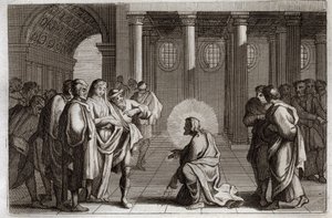 Royaumont Biblia, Újszövetség: A házasságtörő nő. Jézus Krisztus isteni módon kicsapja magát a csapdákból, amelyeket a zsidók vetettek rá, és azt kérdezi tőle, hogy mit tegyen egy nővel, akit házasságtörésen értek el, mondván: „Aki bűntelen, vesse ki a szá alkotó: Unknown artist