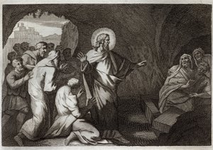 Royaumont Biblia, Újszövetség: Lázár feltámadása Jézus Krisztus által. Illusztráció 1811-ből. alkotó: Unknown artist