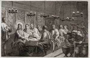 Royaumont Biblia, Újszövetség: Kána esküvője. Jézus Krisztus első csodája, amely a vizet borrá változtatta. Illusztráció 1811-ből. alkotó: Unknown artist