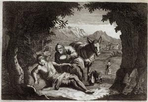 Royaumont Biblia, Újszövetség: Az irgalmas szamaritánus példázata. A szamaritánus megállt útközben, hogy megmentse a bajba jutott férfit. Illusztráció 1811-ből. alkotó: Unknown artist
