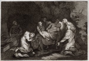 Royaumont Biblia, Újszövetség: Sír. Jézus Krisztus sírja. A Jézus Krisztus testét körülvevő szereplők közül: Szűz Mária, Szent Nikodéma, Arimátiai Szent József, Szent János evangélista és Szent Mária Magdolna. 18-as illusztráció alkotó: Unknown artist