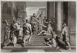 Royaumont Biblia, Újszövetség: A bénák háborúja. Szent Péter, Szent János kíséretében, csodával határos módon harcolt egy sánta emberrel Jeruzsálemben. Illusztráció 1811-ből. alkotó: Unknown artist