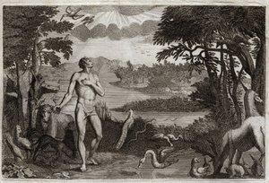 Royaumont Biblia, Ószövetség: Férfi és nő teremtése. Isten, aki megteremtette az embert, a földi Paradicsomba helyezi, és megtiltja, hogy egyen a jó és rossz tudás fájának gyümölcséről. Illusztráció 1811-ből. alkotó: Unknown artist