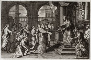 Royaumont Biblia, Ószövetség: Eszter bemutatkozik I. Xerxész (I. Assvérus) király előtt, azzal a szándékkal, hogy megmentse népét az őt fenyegető haláltól. Illusztráció 1811-ből. alkotó: Unknown artist