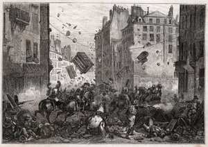 Rue Saint-Antoine a Trois-Glorieuses idején (1830. július) – Az 1830-as forradalom Barikád harcok a Rue Saint-Antoine-on (Saint Antoine) 1830-ban alkotó: Unknown artist