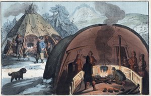 Sámi család sátorban Lappföldön - Lappföldi kunyhó belseje egy családdal a tűz körül - metszet az Univerzum minden népének szokásairól és hagyományairól. Ez a kormányzás, a törvények, a milícia és az összes nemzet vallásának története alkotó: Unknown artist