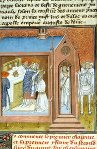 Nagy Károly (742 - 814) szent (koronázása) 800-ban III. Leó pápa által. - Középkori kézirat megvilágítása (ref. 512, 089v) Kérjen engedélyt a Toulouse-i Városi Könyvtártól (tel: 05 62 27 66 66) alkotó: Unknown artist