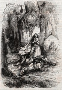 Sacripant (Sacripante) desarconne Angelica (Angelica) jelenlétében - Ludovico Ariosto 1851-es metszete „Roland furieux” (Orlando furioso) (16. század), Ariosta néven ismert - Tressan grófja olasz nyelvről fordította. és p alkotó: Unknown artist