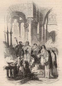 A luxemburgi Saint Cunegonde (kb. 975-1033/1039) vitorlázása 1024-ben, Paderborn Meinwerk (kb. 975-1036) előestéje a németországi kaufungeni bencés apátságban. Metszet 1868-ból a „Histoire de Belgique from primitive times to the alkotó: Unknown artist