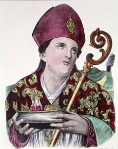 Szent Gennaro vagy Szent Janvier, Nápoly város védőszentje, kezében tartja a vérét tartalmazó ampullát. Színes népszerű nyomat a 19. századból. alkotó: Unknown artist