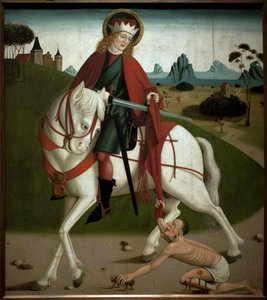 Szent Márton és a koldus. Levágta a kabátját, hogy odaadja egy koldusnak. névtelen festmény, 1490 körül. Magyar Nemzeti Galéria, Budapest, Hungary. alkotó: Unknown artist