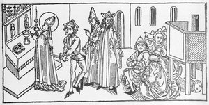 Szent Máté. A Voragine-i Jacobus (James) (1228-1298) metszete a „Szentek élete – nyári rész” című könyvéből (A szent könyve). Lübeck 1488. alkotó: Unknown artist