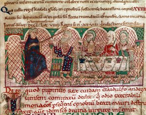 Szent Maur (512-584) az anjoui Flanfeuil (Szent Maur) kolostor alapítóját Ravennai Gaidulfe, a szerzetesek üldözője asztalánál fogadja, és megbünteti Miniatűr Szent Maur életéből és csodáiból” (ms 2273) 1100-1140 Városi Könyvtár alkotó: Unknown artist