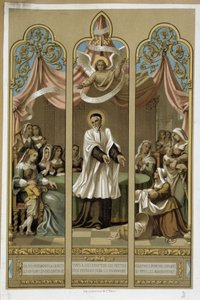 Saint Vincent de Paul alapította a Megtalált Enfants művét - a 18. (?) ólomüveg szerint. alkotó: Unknown artist