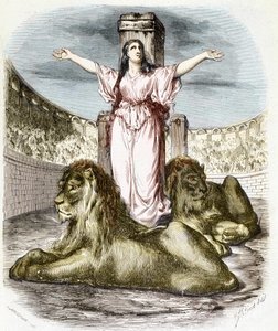 Sainte Blandine az arénában, az oroszlánok a lába előtt hevernek (keresztényüldözések Lyonban) – Maurice Lachatre „Histoire des popes” című művében alkotó: Unknown artist